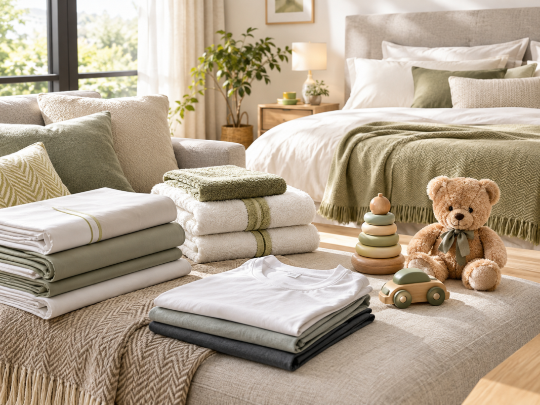 Premium bedding, towels, cotton T-shirts and children's wooden toys in a modern home