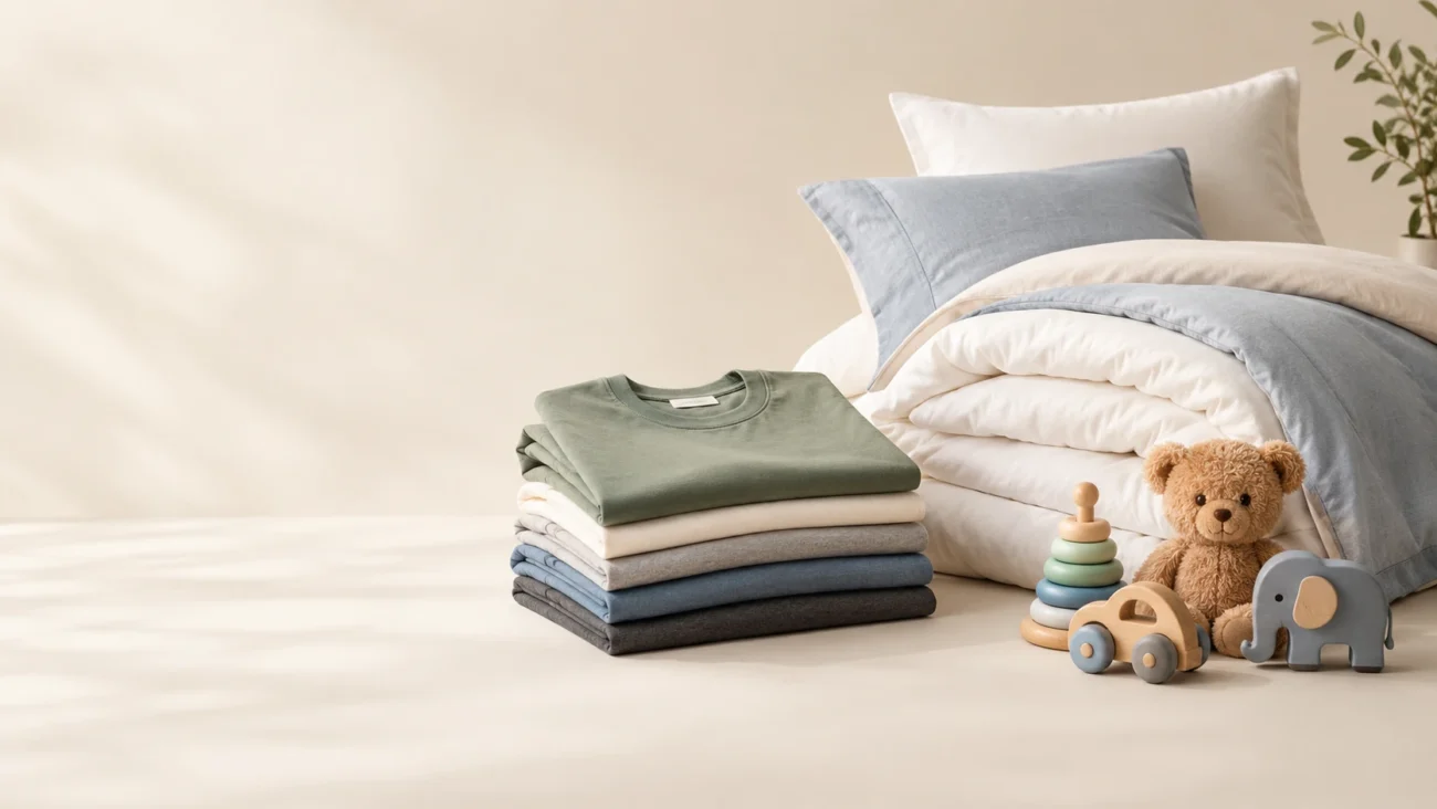 Premium cotton t-shirts, luxury bedding, and children's toys arranged in a modern studio